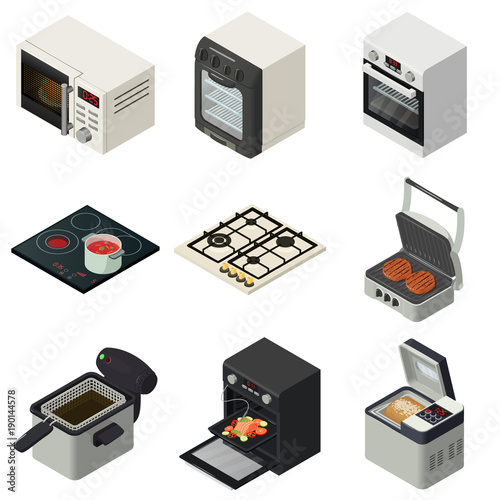 Oven stove fireplace icons set, isometric style