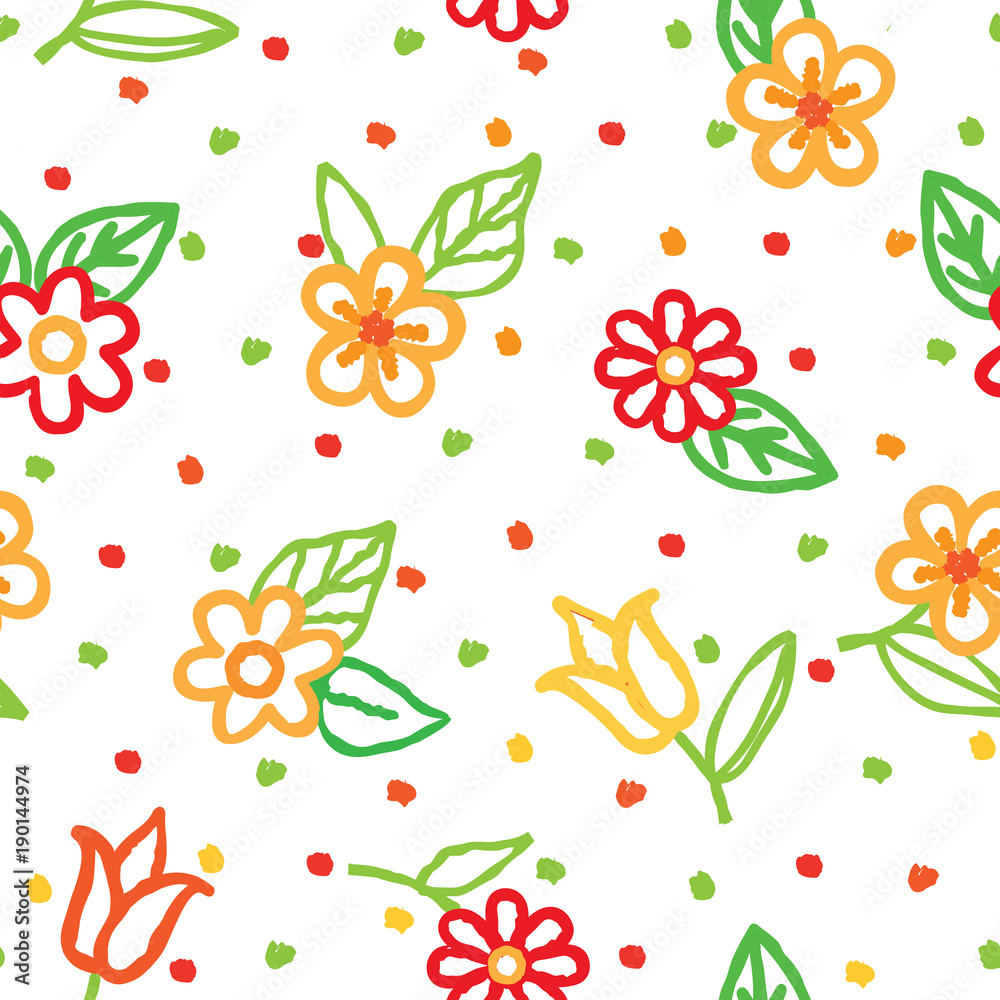 Floral seamless pattern with flowers and leaves. Ornamental funny backgound