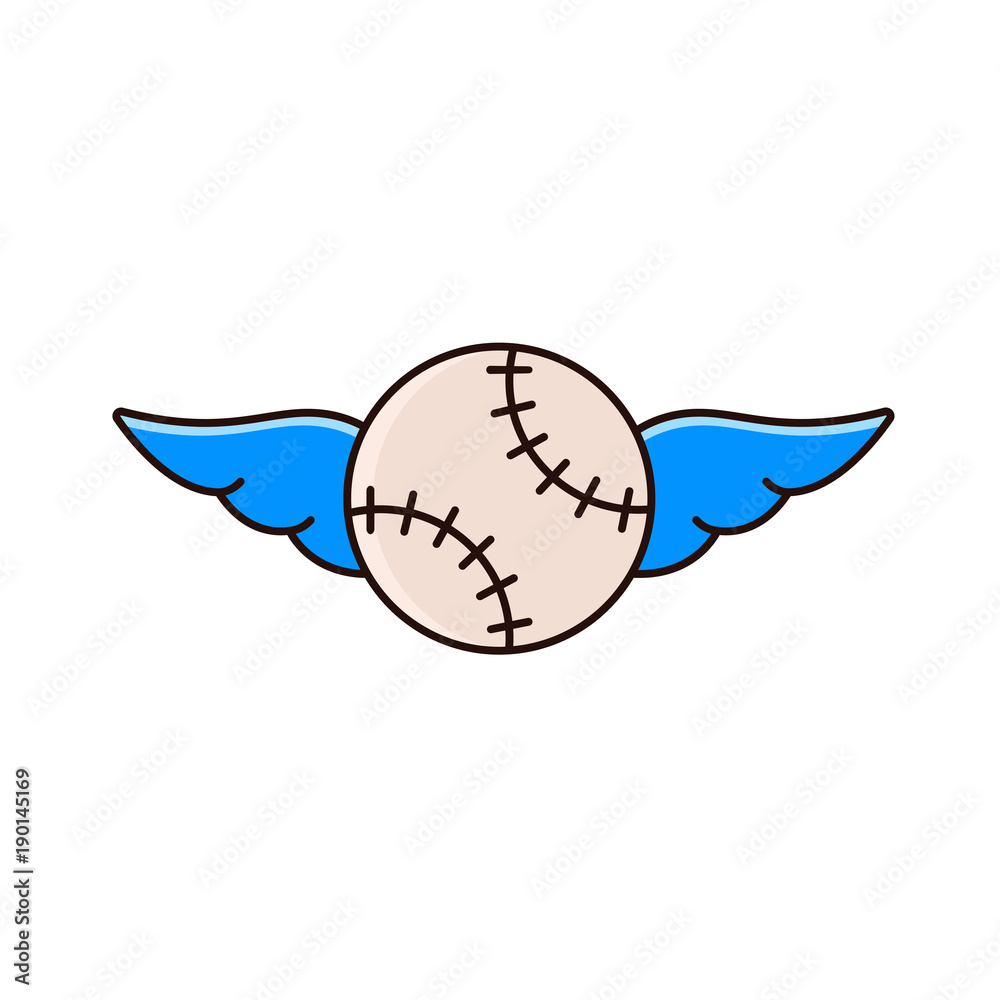 Baseball ball with wings - flat color line icon on isolated background. Baseball ball with wings - flat color line icon on isolated background.