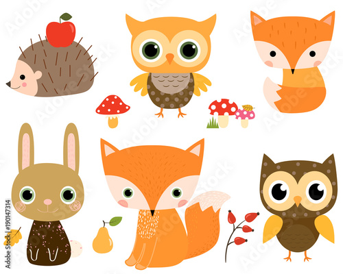 Cute vector set with woodland animals in flat style for children designs and greeting cards