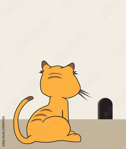 A hopeful cartoon cat is keeping an eye on a mouse hole in the wall