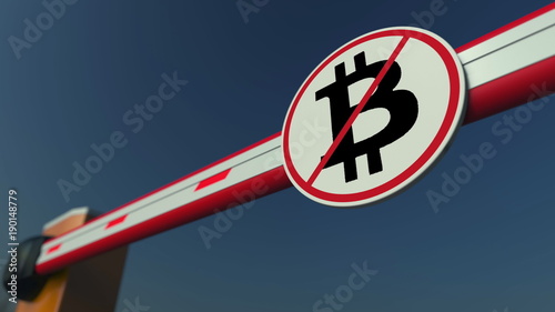 Barrier gate with Bitcoin prohibition sign. Cryptocurrency ban conceptual 3D rendering photo