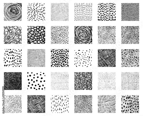 Hand drawn vector square texture shapes with lines, dots, scribbles and other strokes for graphic design