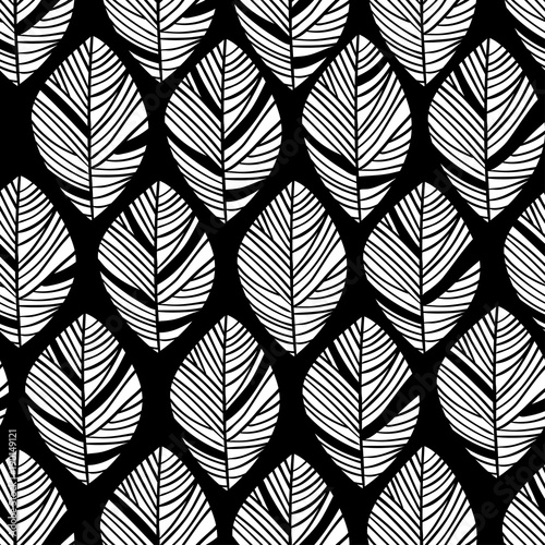 Floral linear seamless decorative pattern. Scribble background with leafs. Black and white contour fabric texture. Hand drawn template for design