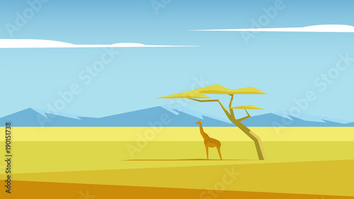 African vector landscape with a giraffe and a tree standing in the middle of savannah and mountains in the distance. Acacia and giraffe in the field of savannah illustration. Nature of Africa. © ilyaf