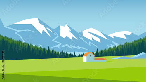 Mountain landscape with pine forest and green meadow on which stands a small house. Alpine meadow vector illustration