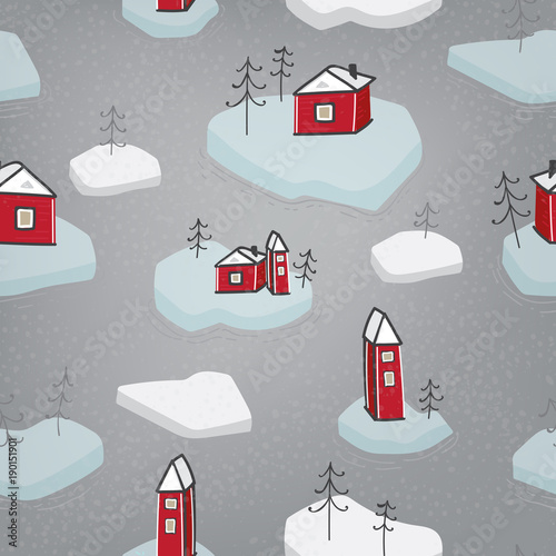 Spring seamless pattern of ice floes with houses. Gray background, hand drawn