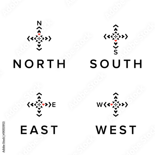 Creative direction logos set. North, south, east, west symbols. Black template icons isolated