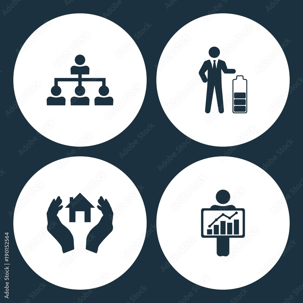 Vector Illustration Set Business Icons. Elements Company structure, Businessman in low power, House in hand and Figure Holding diagram icon Vector Illustration Set Business Icons. Elements Company structure, Businessman in low power, House in hand and Figure Holding diagram icon