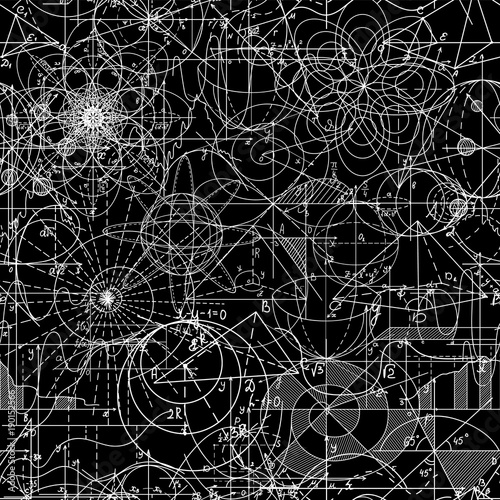 Mathematical vector seamless pattern with handwritten figures, formulas and equations, shuffled together. You can use any color of background