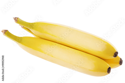 Three whole fresh bananas on white