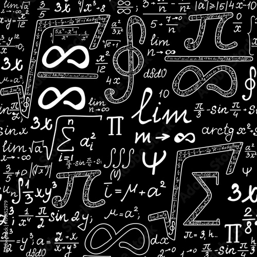 Math educational vector seamless pattern with handwritten formulas, figures and equations   with many various mathematical signs, calculations, formulas. Math endless pattern, 