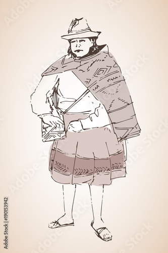 Peruanian woman in national cloth. Sketch.