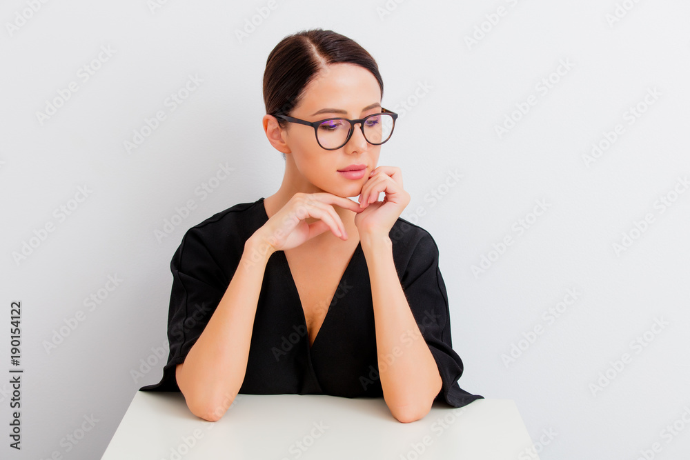 portrait of woman in lagom style with black eyeglasses portrait of woman in lagom style with black eyeglasses
