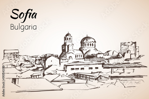 Sofia city panorama, Bulgaria. Sketch. Isolated on white background