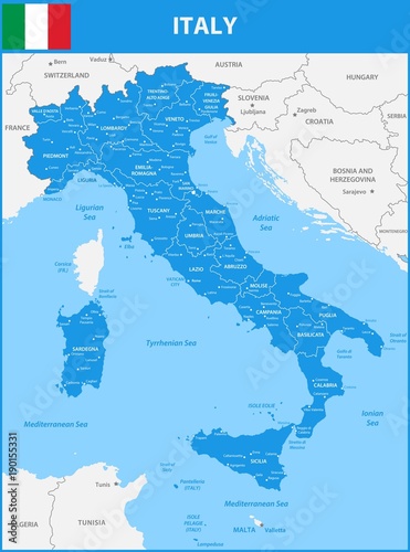 The detailed map of the Italy with regions or states and cities, capital. With sea objects and islands. And parts of neighboring countries