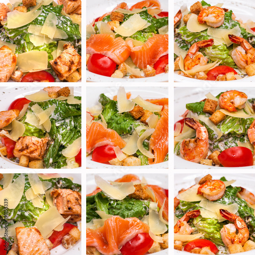 Collage of three kinds of Caesar Salad, with chicken, salmon and shrimp