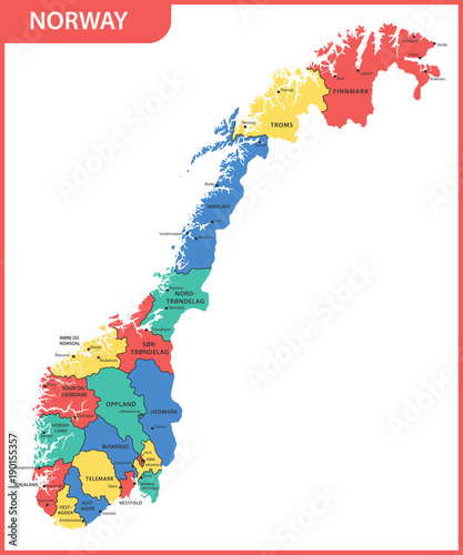 The detailed map of the Norway with regions or states and cities, capitals photo
