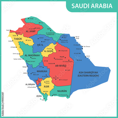 The detailed map of the Saudi Arabia with regions or states and cities, capitals