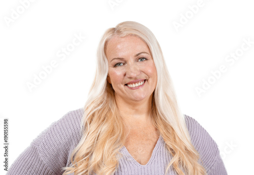 Portrait of mature smiling woman on white background