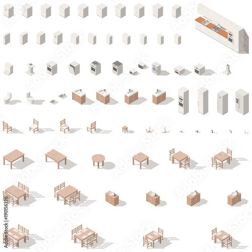 Kitchen and bathroom low poly isometric icon set