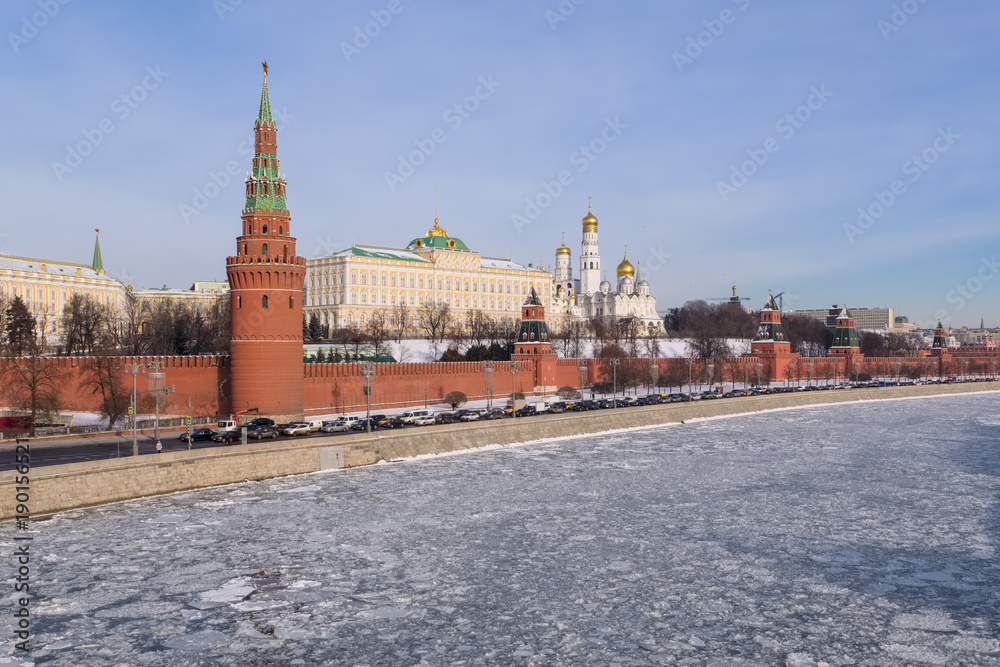 Winter city landscape in Moscow with a view of the Kremlin and the embankments of the Moscow River in ice Winter city landscape in Moscow with a view of the Kremlin and the embankments of the Moscow River in ice