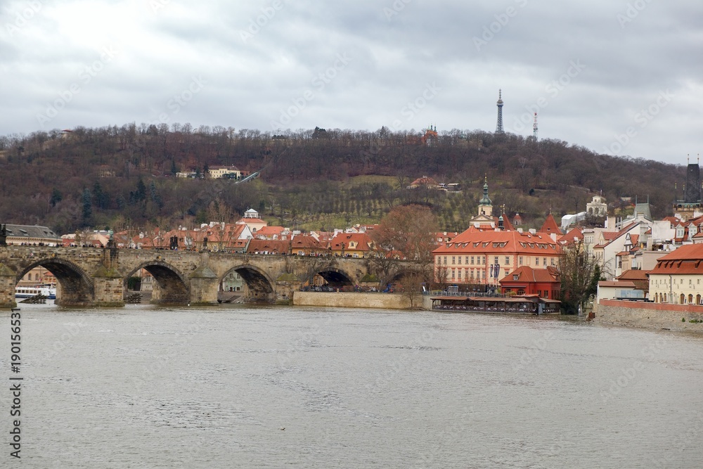 View of Petrin Hill, Small Quarter and Vltava River in Prague, Czech Republic