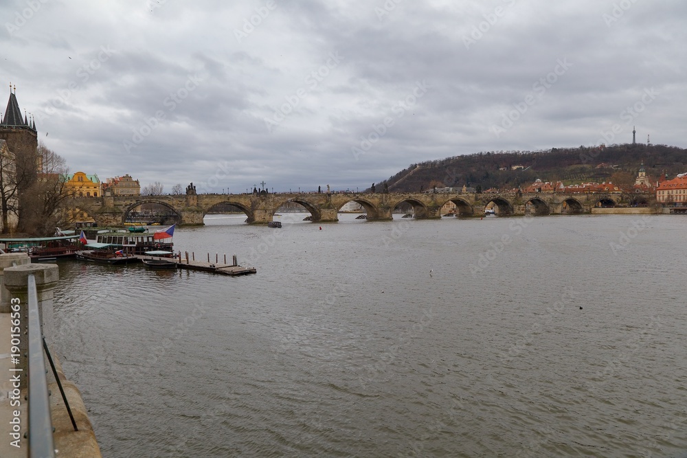 Obraz premium Prague historical center with Charles bridge and Vltava river, Czech Republic