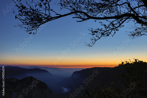 Creux-du-Van or Creux du Van: Rocky Gorge before sunrise, canton Neuchatel, Switzerland