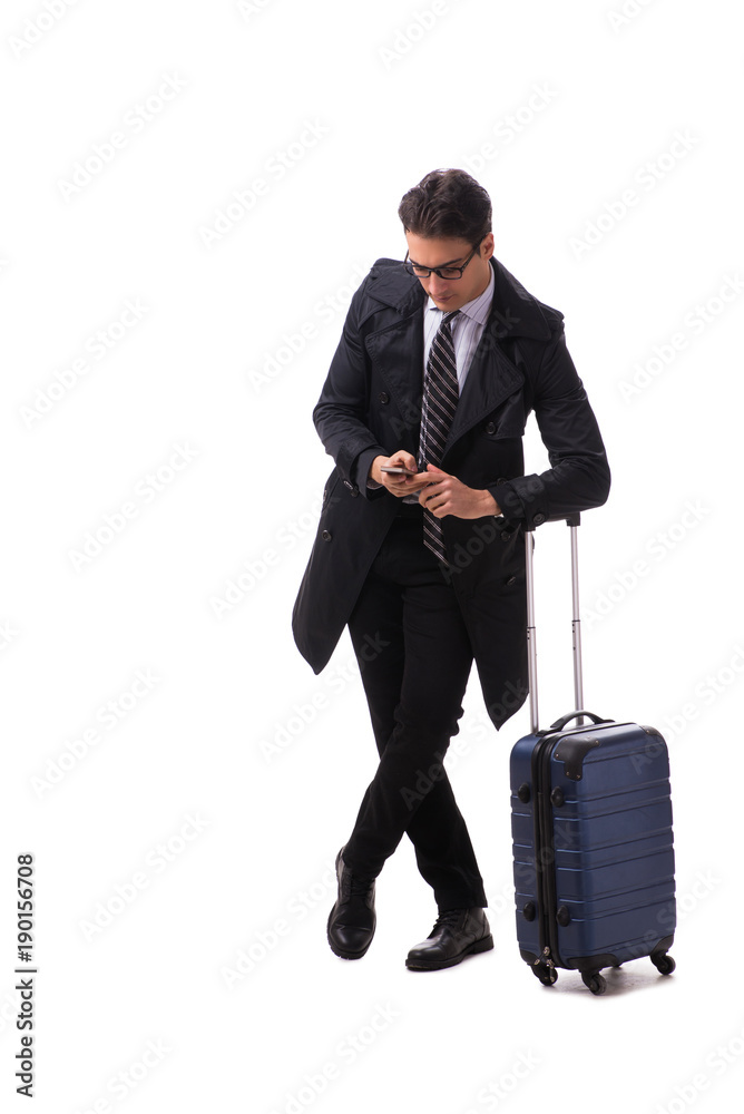 Young businessman with suitcase ready for business trip on white Young businessman with suitcase ready for business trip on white