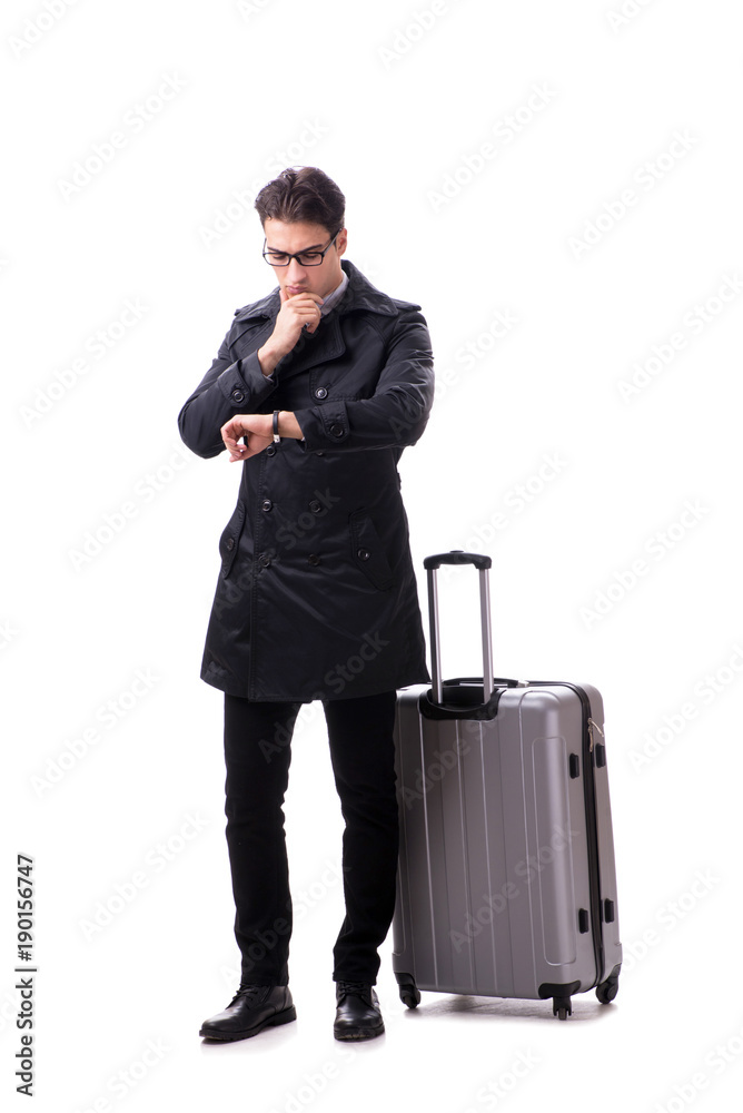 Young businessman with suitcase ready for business trip on white Young businessman with suitcase ready for business trip on white