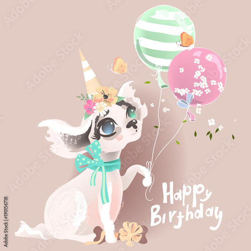 Cute baby dog, puppy. Adorable little girl princess dog in birthday hat with balloons, flowers, bone, butterflies and tied bow. Happy Birthday lettering