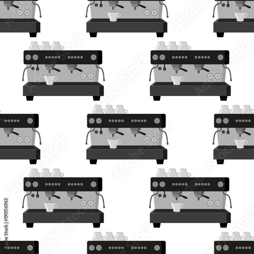 Seamless coffee machine pattern consisting of coffee, airpress on a yellow background. Prints for coffee houses, establishments. Creative coffee pattern, vector background. Colorful bright pattern