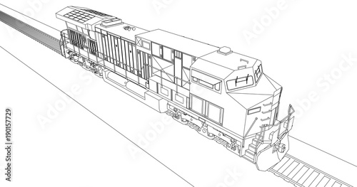Modern diesel railway locomotive with great power and strength for moving long and heavy railroad train. Vector illustration with outline stroke lines.