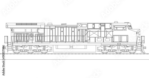 Modern diesel railway locomotive with great power and strength for moving long and heavy railroad train. Vector illustration with outline stroke lines.