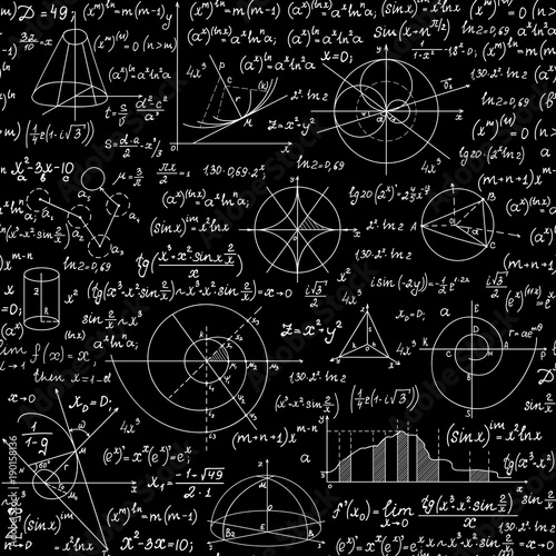 Endless mathematical vector seamless pattern with geometrical figures, plots and equations, handwritten with chalk on a blackboard