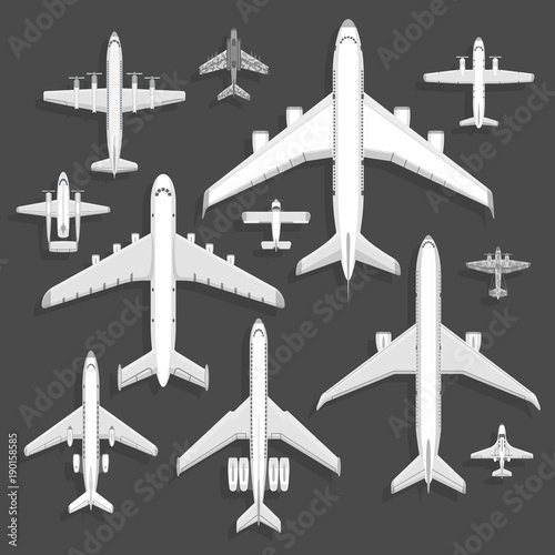 Vector airplanes icons top view vector illustration isolated on background. Travel by airport flight vacation transport passenger plane. Turbine voyage pilot plane jet.
