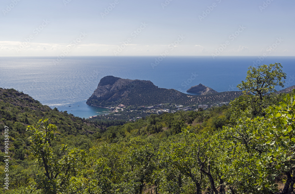 The slopes of the mountains covered with forest descend to the seashore.