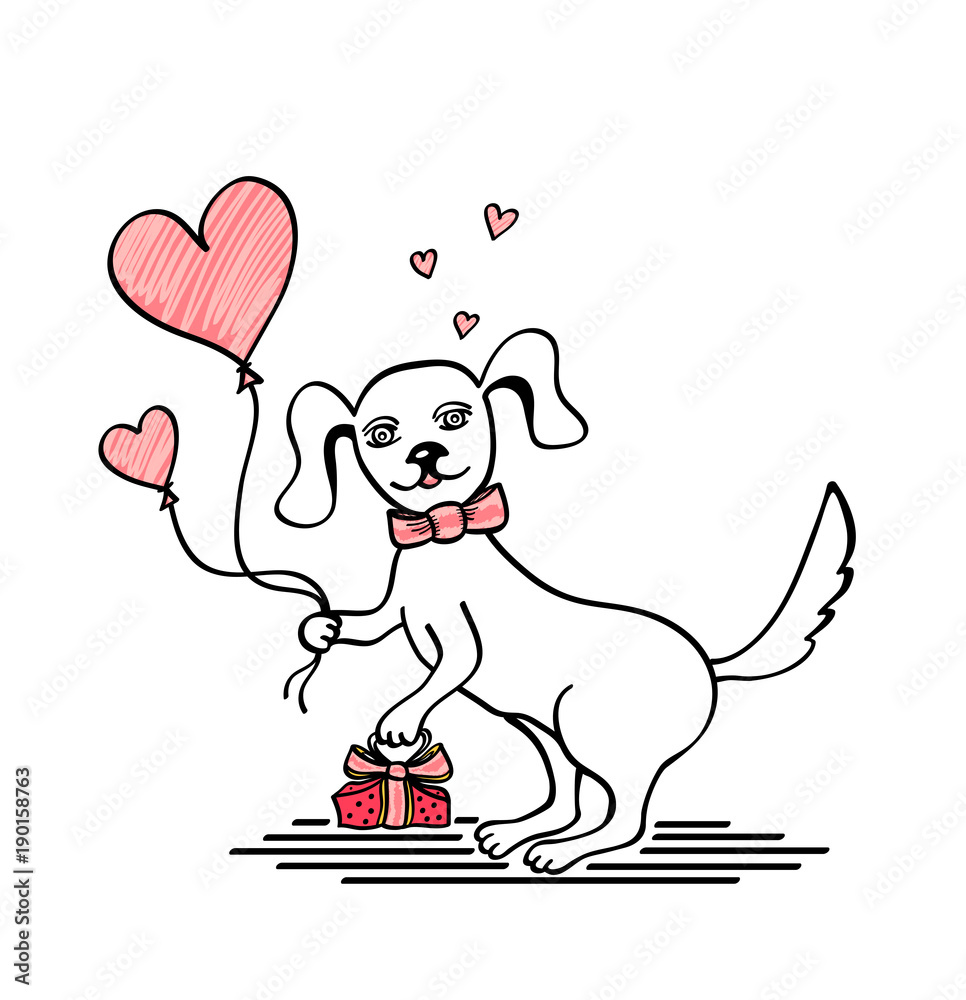 Dog with gift and balloons in the form of heart. Handmade drawing in doodle  cartoon style