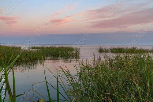 Sunrise in the kayak on the Sulina Channel that flows into the Black Sea  Romania