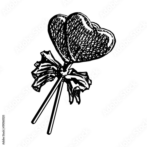 Lollipop Sketch In Heart Shape Isolated On White Background. Doodle Engraving Candy On Stick With Ribbon Bow Vintage Vector Illustration. Cotton Candy Sweets.