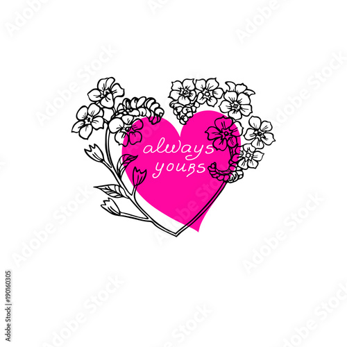 Wedding or Valentines Day Design in Glamour Style with Heart and Forget-me-not Flowers and Text Always yous. Romantic Template for Valentine s Day Greeting Card or Poster.