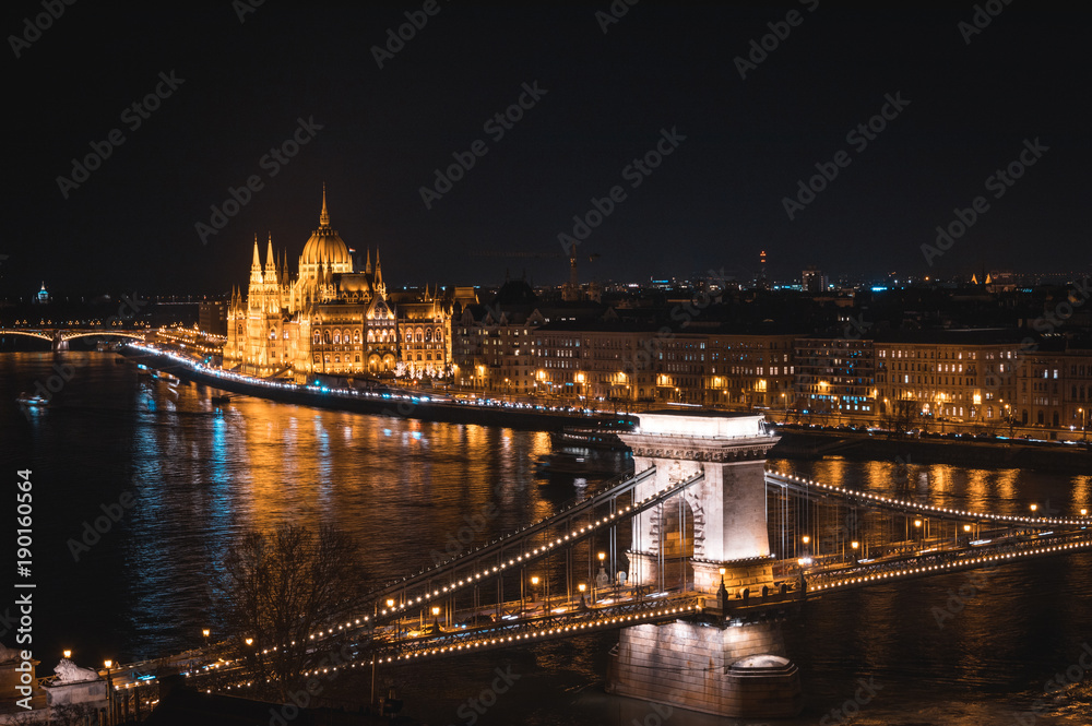 Budapest Parliament And Chain Bridge Over Danube