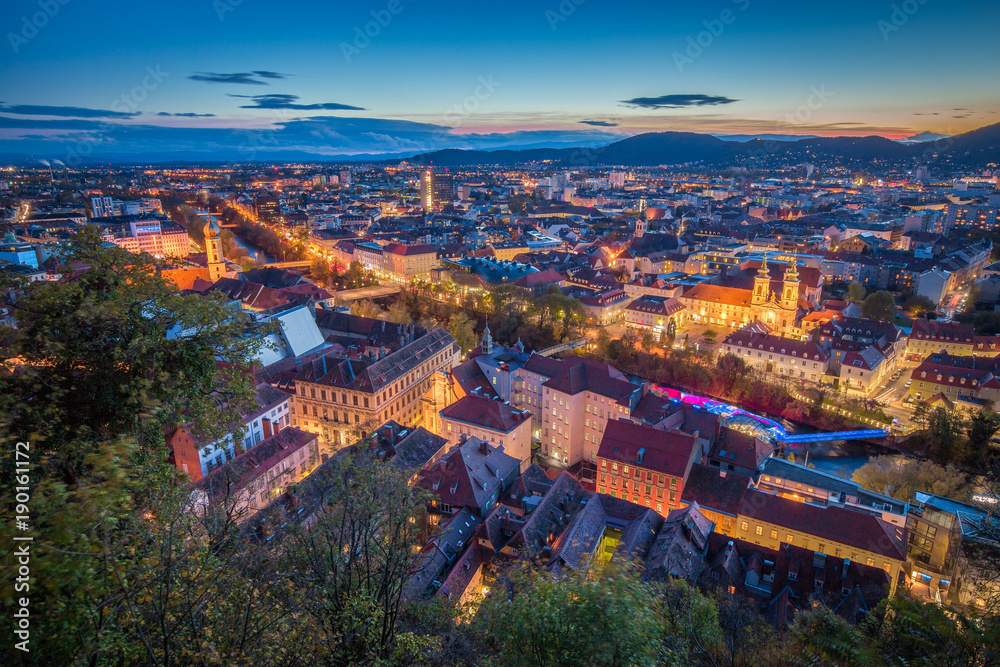 Aerial view of the city of Graz at night, Styria, Austria