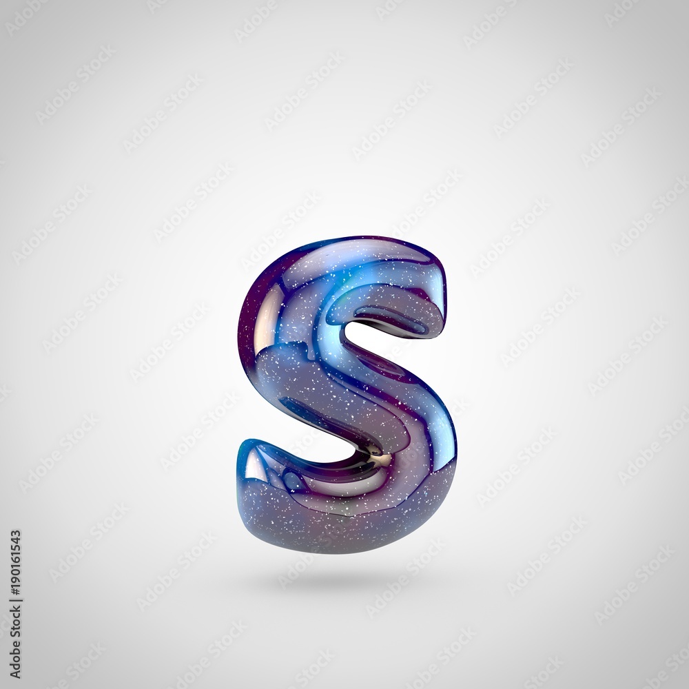 Fototapeta premium 3D render of galaxy letter S lowercase with glittering stars and cosmic nebula isolated on white background.
