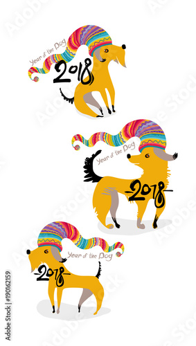Three funny yellow dogs In festive caps. Cartoon puppies illustration. Hand drawn year of the dog 2018.