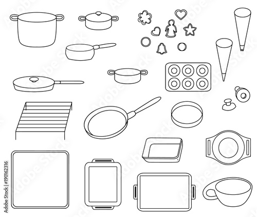 Set icons of different kinds of cookware vector illustration sketch