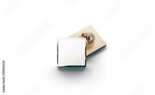 Blank white gold lapel badge mock ups stack, 3d rendering. Empty luxury hard enamel pin mockup. Golden clasp-pin design template. Expensive square brooch for logo presentation.