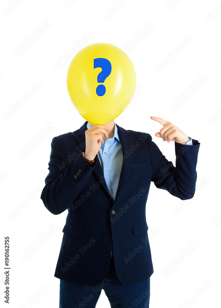 Businessman in suit with yellow air ballon instead of head and question mark, isolated on white. Businessman in suit with yellow air ballon instead of head and question mark, isolated on white.