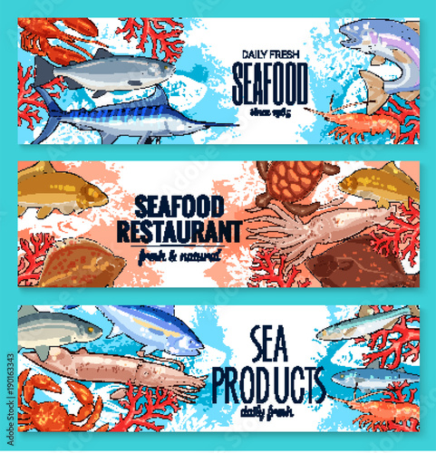 Vector seafood banners of sketch fresh fish